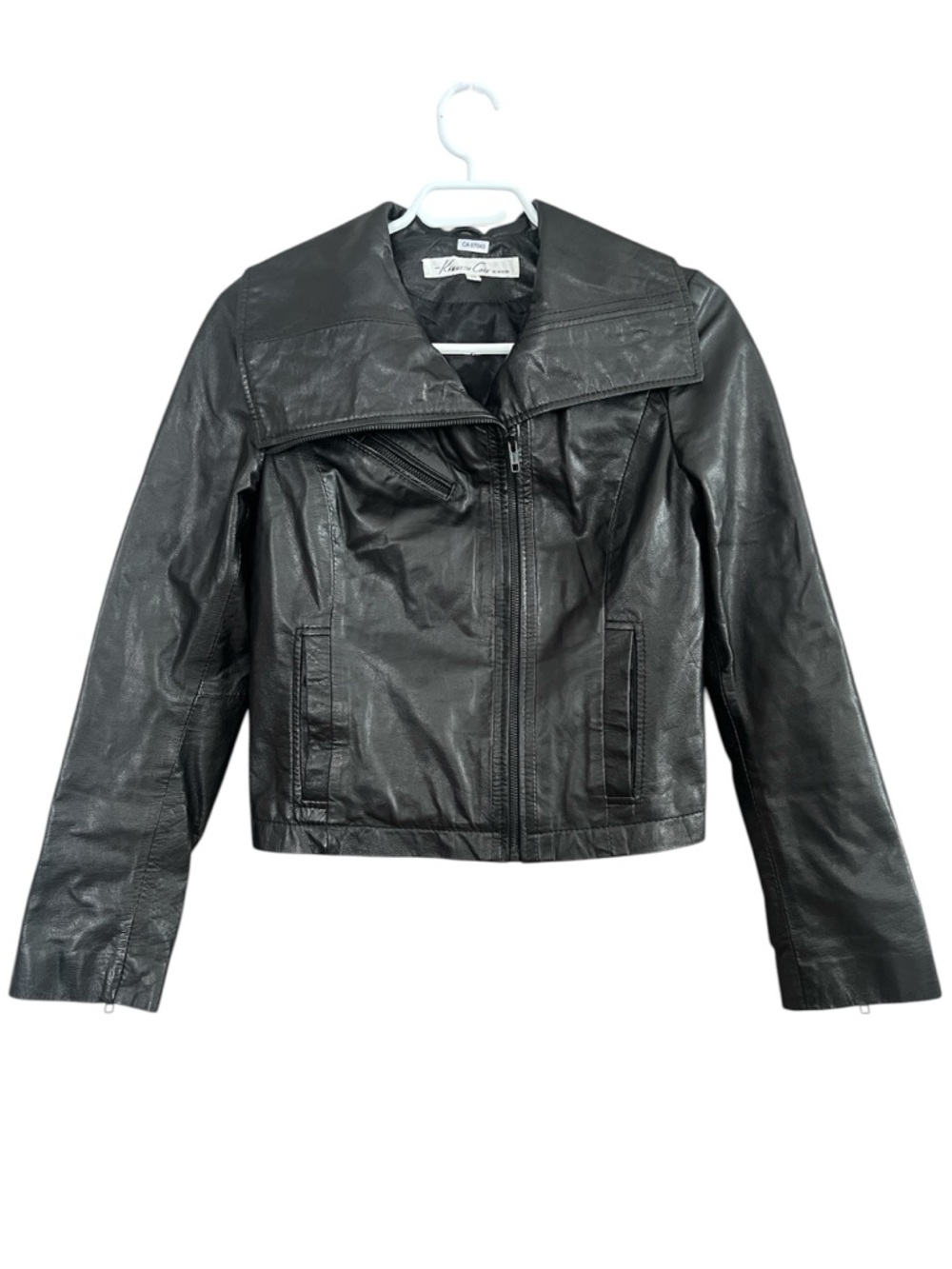 Kenneth Cole Black Leather Moto Jacket Large Collar Women’s Size XS